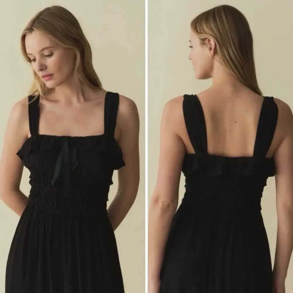 DÔEN Carolynn Crepe Smocked Midi Dress Black - Picture 4 of 15